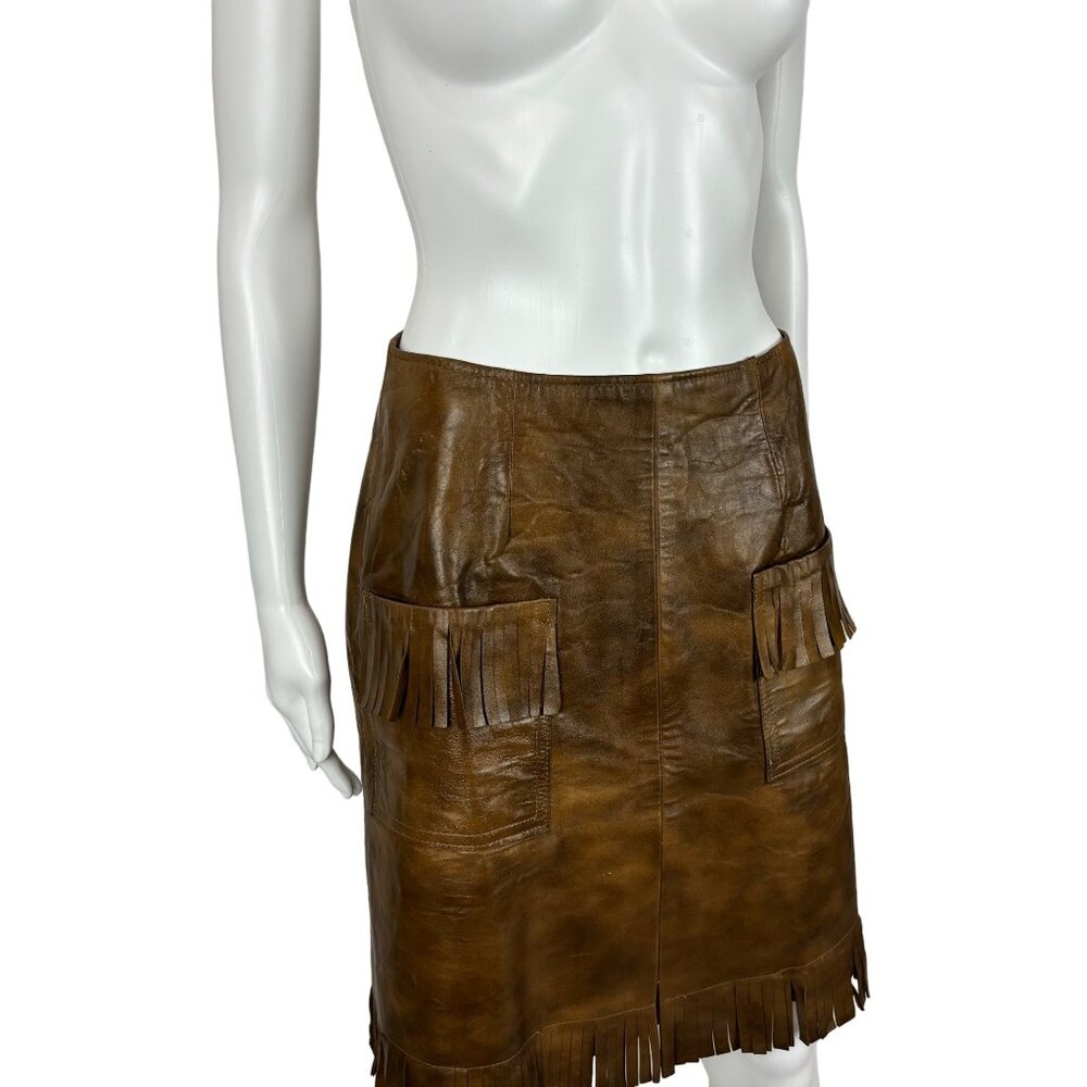 Vintage 60s Faux Leather Skirt Women's Small Brown Fringe Mini Cowgirl Western - Picture 3 of 9